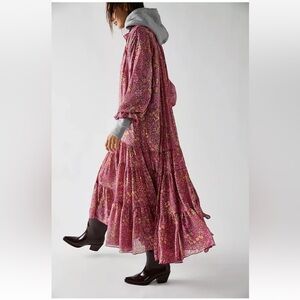 Free People Feeling Groovy Maxi Dress Pink Floral Boho Tiered Peasant Oversized